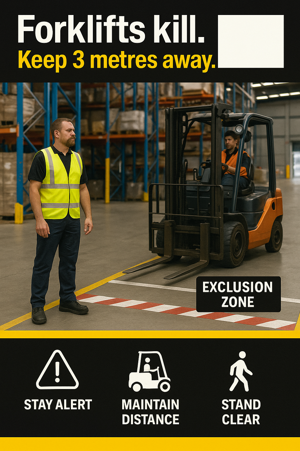 Forklifts kill. Keep 3 metres away.